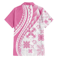 Pink Hawaiian Quilt Pattern Family Matching Puletasi and Hawaiian Shirt Mixed Polynesian Tribal Arty