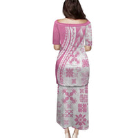 Pink Hawaiian Quilt Pattern Family Matching Puletasi and Hawaiian Shirt Mixed Polynesian Tribal Arty