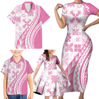 Pink Hawaiian Quilt Pattern Family Matching Short Sleeve Bodycon Dress and Hawaiian Shirt Mixed Polynesian Tribal Arty LT9 - Polynesian Pride