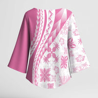 Pink Hawaiian Quilt Pattern Kimono Sleeve Blouse Mixed Polynesian Tribal Arty - Polynesian Pride