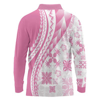 Pink Hawaiian Quilt Pattern Long Sleeve Polo Shirt Mixed Polynesian Tribal Arty
