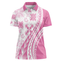 Pink Hawaiian Quilt Pattern Women Polo Shirt Mixed Polynesian Tribal Arty