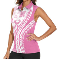 Pink Hawaiian Quilt Pattern Women Sleeveless Polo Shirt Mixed Polynesian Tribal Arty