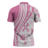 Pink Hawaiian Quilt Pattern Zipper Polo Shirt Mixed Polynesian Tribal Arty - Polynesian Pride