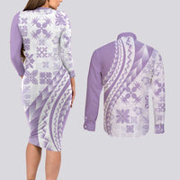 Purple Hawaiian Quilt Pattern Couples Matching Long Sleeve Bodycon Dress and Long Sleeve Button Shirt Mixed Polynesian Tribal Arty