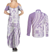 Purple Hawaiian Quilt Pattern Couples Matching Summer Maxi Dress and Long Sleeve Button Shirt Mixed Polynesian Tribal Arty