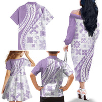 Purple Hawaiian Quilt Pattern Family Matching Off The Shoulder Long Sleeve Dress and Hawaiian Shirt Mixed Polynesian Tribal Arty
