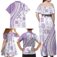 Purple Hawaiian Quilt Pattern Family Matching Off Shoulder Maxi Dress and Hawaiian Shirt Mixed Polynesian Tribal Arty