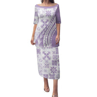 Purple Hawaiian Quilt Pattern Family Matching Puletasi and Hawaiian Shirt Mixed Polynesian Tribal Arty