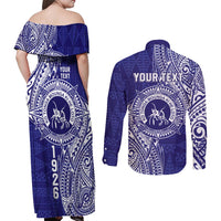 Personalised Tonga Queen Salote College Couples Matching Off Shoulder Maxi Dress and Long Sleeve Button Shirt Kolisi Fefine 1926 Special Kupesi Pattern