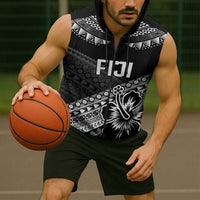Custom Rugby Fiji Sleeveless Zip Hoodie Black Traditional Masi Inspired