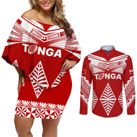 Tonga Rugby Couples Matching Off Shoulder Short Dress and Long Sleeve Button Shirts Proud Tongan Ngatu Kupesi World Cup 2023 No1 LT9 White - Polynesian Pride