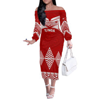 Tonga Rugby Off The Shoulder Long Sleeve Dress Proud Tongan Ngatu Kupesi World Cup 2023 No1 LT9 Women White - Polynesian Pride