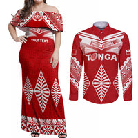 Custom Tonga Rugby Couples Matching Off Shoulder Maxi Dress and Long Sleeve Button Shirts Proud Tongan Ngatu Kupesi World Cup 2023 No1 LT9 White - Polynesian Pride