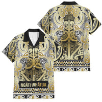 Aotearoa Iwi Ngati Whatua Family Matching Off Shoulder Maxi Dress and Hawaiian Shirt Maori Wharenui House Tribal Pattern LT9 Dad's Shirt - Short Sleeve Gold - Polynesian Pride