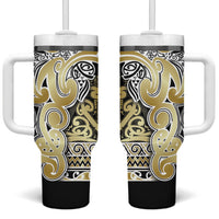 Aotearoa Iwi Ngati Whatua Tumbler With Handle Maori Wharenui House Tribal Pattern LT9 One Size: 40 oz Gold - Polynesian Pride
