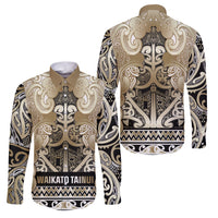 Aotearoa Iwi Waikato Tainui Family Matching Short Sleeve Bodycon Dress and Hawaiian Shirt Maori Wharenui House Tribal Pattern LT9 Dad's Shirt - Long Sleeve Light Gold - Polynesian Pride