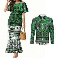 Aotearoa Iwi Ngati Maniapoto Couples Matching Mermaid Dress and Long Sleeve Button Shirt Maori Wharenui House Tribal Pattern LT9 Dark green - Polynesian Pride