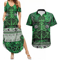 Aotearoa Iwi Ngati Maniapoto Couples Matching Summer Maxi Dress and Hawaiian Shirt Maori Wharenui House Tribal Pattern LT9 Dark green - Polynesian Pride