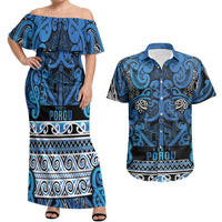 Aotearoa Iwi Ngati Porou Couples Matching Off Shoulder Maxi Dress and Hawaiian Shirt Maori Wharenui House Tribal Pattern LT9 Blue - Polynesian Pride