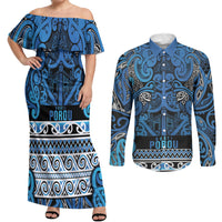 Aotearoa Iwi Ngati Porou Couples Matching Off Shoulder Maxi Dress and Long Sleeve Button Shirt Maori Wharenui House Tribal Pattern LT9 Blue - Polynesian Pride