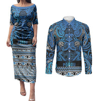 Aotearoa Iwi Ngati Porou Couples Matching Puletasi and Long Sleeve Button Shirt Maori Wharenui House Tribal Pattern LT9 Blue - Polynesian Pride