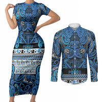 Aotearoa Iwi Ngati Porou Couples Matching Short Sleeve Bodycon Dress and Long Sleeve Button Shirt Maori Wharenui House Tribal Pattern LT9 Blue - Polynesian Pride