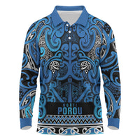 Aotearoa Iwi Ngati Porou Long Sleeve Polo Shirt Maori Wharenui House Tribal Pattern LT9 Blue - Polynesian Pride