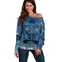Aotearoa Iwi Ngati Porou Off Shoulder Sweater Maori Wharenui House Tribal Pattern LT9 Women Blue - Polynesian Pride