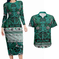 Aotearoa Iwi Ngai Tahu Couples Matching Long Sleeve Bodycon Dress and Hawaiian Shirt Maori Wharenui House Tribal Pattern LT9 Turquoise - Polynesian Pride