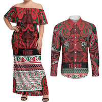 Aotearoa Iwi Tuhoe Couples Matching Off Shoulder Maxi Dress and Long Sleeve Button Shirt Maori Wharenui House Tribal Pattern LT9 Green Red - Polynesian Pride