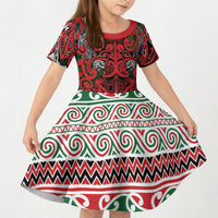 Aotearoa Iwi Tuhoe Kid Short Sleeve Dress Maori Wharenui House Tribal Pattern LT9 KID Green Red - Polynesian Pride