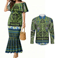 Aotearoa Iwi Whakatohea Couples Matching Mermaid Dress and Long Sleeve Button Shirt Maori Wharenui House Tribal Pattern LT9 Olive green - Polynesian Pride