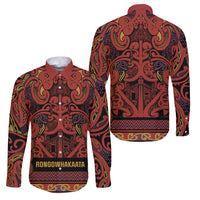 Aotearoa Iwi Rongowhakaata Family Matching Long Sleeve Bodycon Dress and Hawaiian Shirt Maori Wharenui House Tribal Pattern LT9 Dad's Shirt - Long Sleeve Brick Red - Polynesian Pride