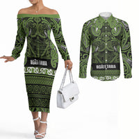 Aotearoa Iwi Ngāti Tama ki Taranaki Trust Couples Matching Off The Shoulder Long Sleeve Dress and Long Sleeve Button Shirt Maori Wharenui House Tribal Pattern LT9 Lime - Polynesian Pride