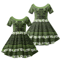 Aotearoa Iwi Ngāti Tama ki Taranaki Trust Family Matching Off The Shoulder Long Sleeve Dress and Hawaiian Shirt Maori Wharenui House Tribal Pattern LT9 Daughter's Dress Lime - Polynesian Pride
