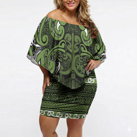 Aotearoa Iwi Ngāti Tama ki Taranaki Trust Off Shoulder Short Dress Maori Wharenui House Tribal Pattern LT9 Women Lime - Polynesian Pride