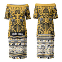 Aotearoa Iwi Ngāti Tama ki Te Waipounamu Trust Family Matching Puletasi and Hawaiian Shirt Maori Wharenui House Tribal Pattern LT9 Mom's Dress Gold - Polynesian Pride