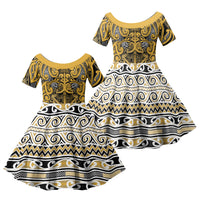 Aotearoa Iwi Ngāti Tama ki Te Waipounamu Trust Family Matching Puletasi and Hawaiian Shirt Maori Wharenui House Tribal Pattern LT9 Daughter's Dress Gold - Polynesian Pride