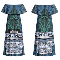 Aotearoa Iwi Ngati Mutunga Family Matching Off Shoulder Maxi Dress and Hawaiian Shirt Maori Wharenui House Tribal Pattern LT9 Mom's Dress Ocean Blue - Polynesian Pride