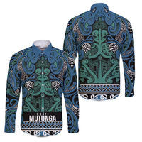 Aotearoa Iwi Ngati Mutunga Family Matching Off Shoulder Maxi Dress and Hawaiian Shirt Maori Wharenui House Tribal Pattern LT9 Dad's Shirt - Long Sleeve Ocean Blue - Polynesian Pride