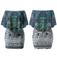 Aotearoa Iwi Ngati Mutunga Family Matching Off Shoulder Short Dress and Hawaiian Shirt Maori Wharenui House Tribal Pattern LT9 Mom's Dress Ocean Blue - Polynesian Pride