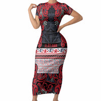 Aotearoa Iwi Te ati Awa Short Sleeve Bodycon Dress Maori Wharenui House Tribal Pattern LT9 Long Dress Bright Red - Polynesian Pride