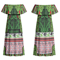 Aotearoa Iwi Ngati Maru Hauraki Family Matching Off Shoulder Maxi Dress and Hawaiian Shirt Maori Wharenui House Tribal Pattern LT9 Mom's Dress Green Red - Polynesian Pride
