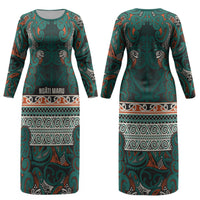 Aotearoa Iwi Ngāti Maru Taranaki Couples Matching Long Sleeve Bodycon Dress and Hawaiian Shirt Maori Wharenui House Tribal Pattern LT9 - Polynesian Pride