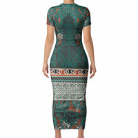 Aotearoa Iwi Ngāti Maru Taranaki Short Sleeve Bodycon Dress Maori Wharenui House Tribal Pattern LT9 - Polynesian Pride