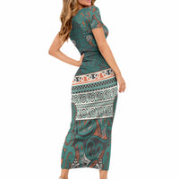 Aotearoa Iwi Ngāti Maru Taranaki Short Sleeve Bodycon Dress Maori Wharenui House Tribal Pattern LT9 - Polynesian Pride