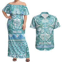Aotearoa Iwi Ngati Paoa Couples Matching Off Shoulder Maxi Dress and Hawaiian Shirt Maori Wharenui House Tribal Pattern LT9 Turquoise - Polynesian Pride