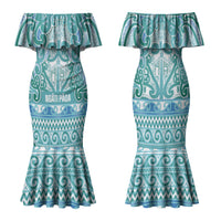 Aotearoa Iwi Ngati Paoa Family Matching Mermaid Dress and Hawaiian Shirt Maori Wharenui House Tribal Pattern LT9 Mom's Dress Turquoise - Polynesian Pride