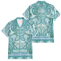 Aotearoa Iwi Ngati Paoa Family Matching Off The Shoulder Long Sleeve Dress and Hawaiian Shirt Maori Wharenui House Tribal Pattern LT9 Dad's Shirt - Short Sleeve Turquoise - Polynesian Pride